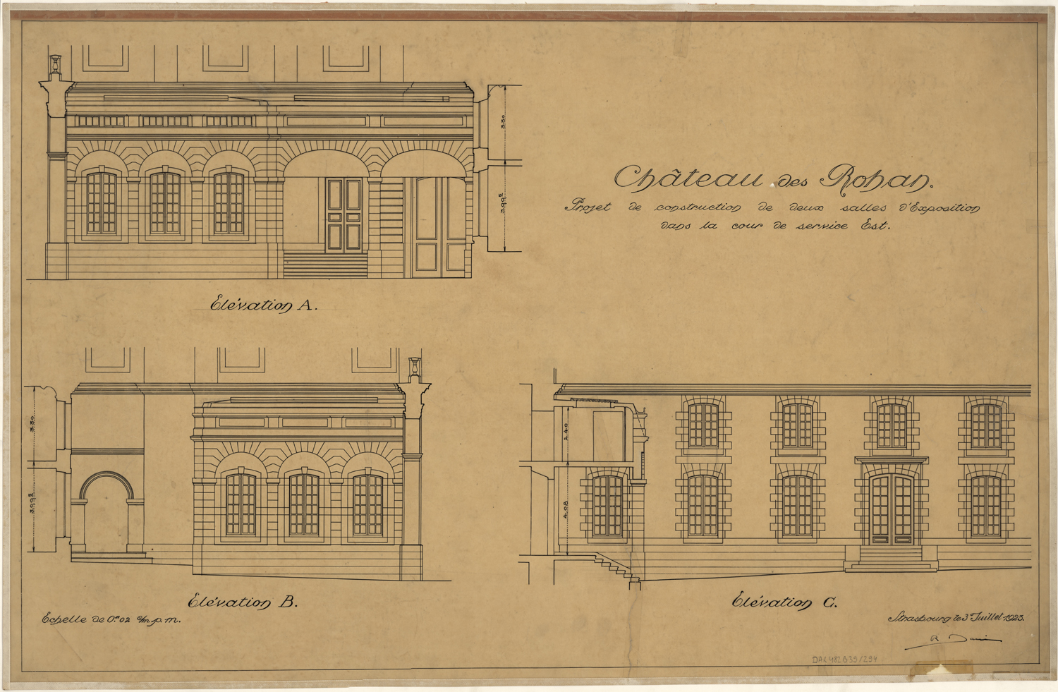 Projet de construction de deux salles d'exposition dans la cour est, élévations des façades.