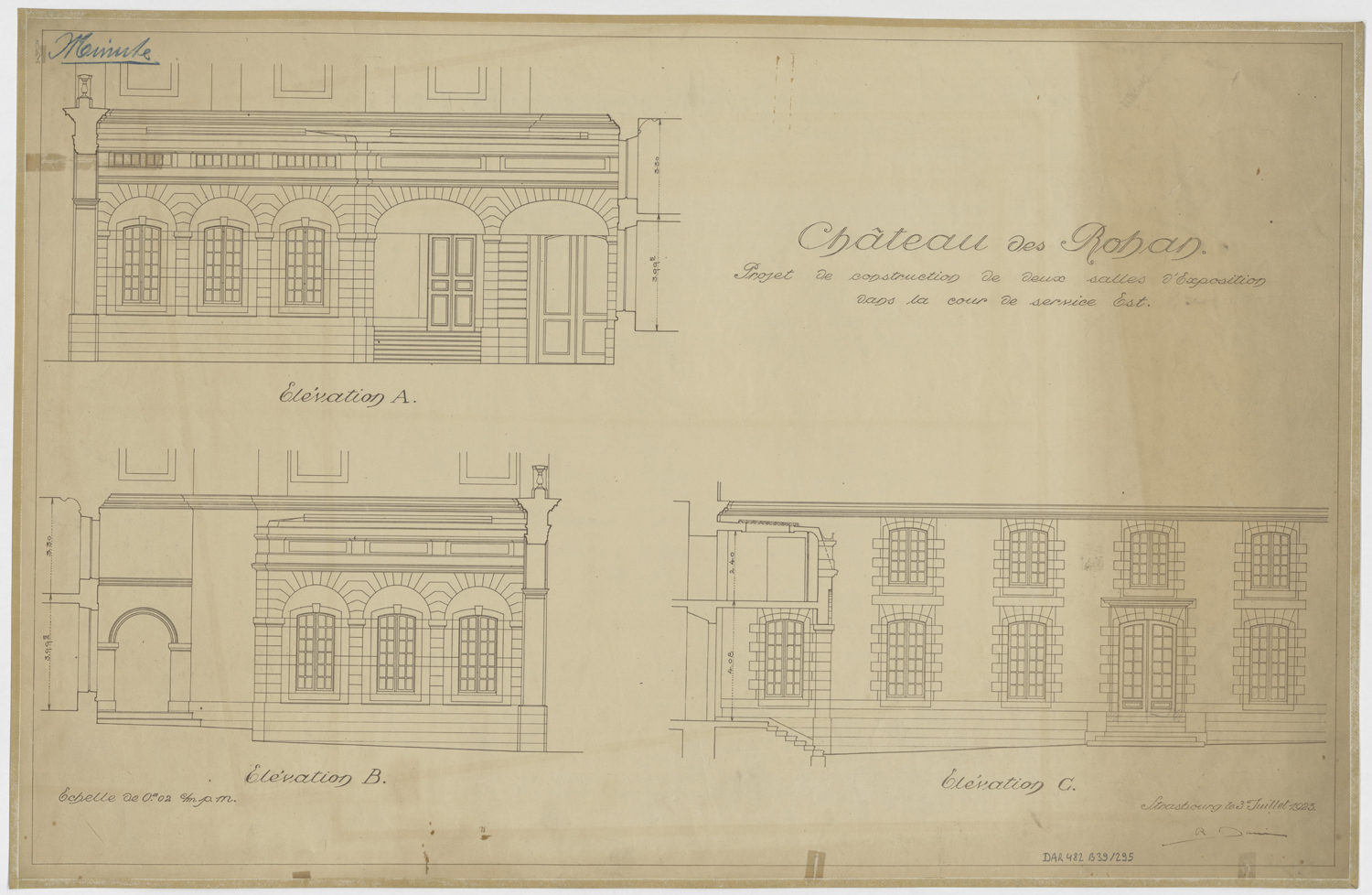 Projet de construction de deux salles d'exposition dans la cour est, élévations des façades.