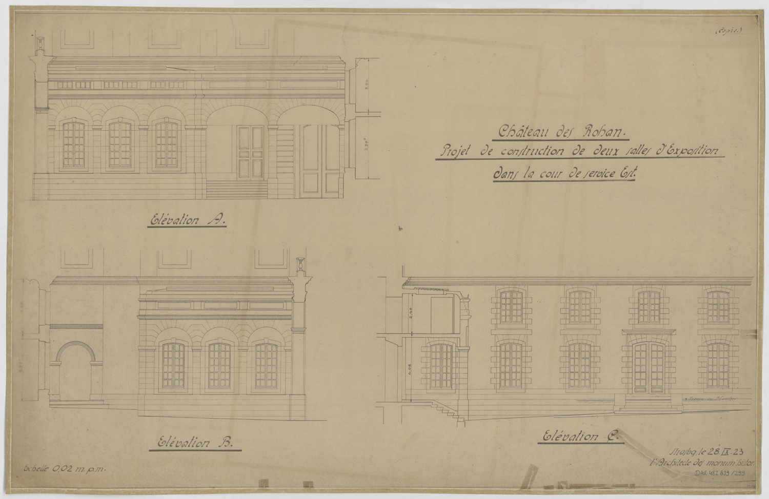 Projet de construction de deux salles d'exposition dans la cour est, élévations des façades.