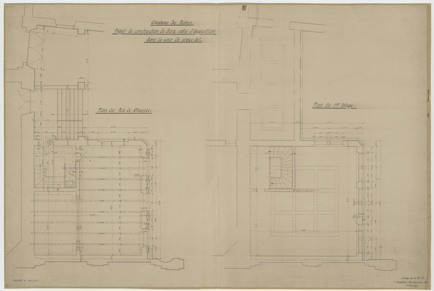 Projet de construction de deux salles d’exposition dans la cour est, plans de masse du rez-de-chaussée et du premier étage.