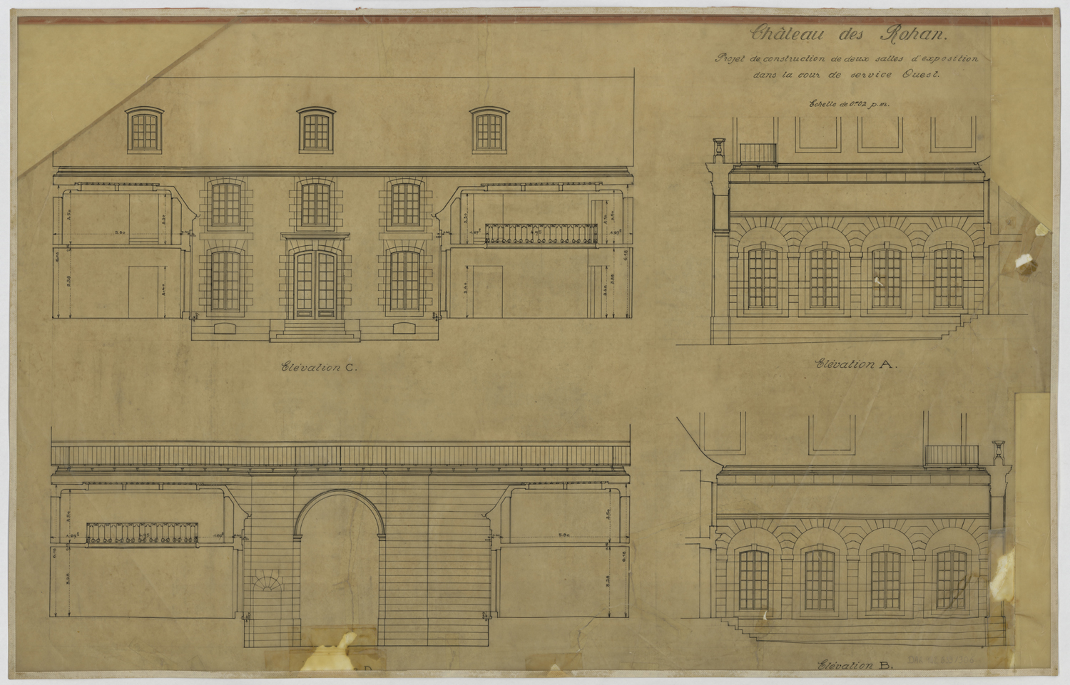 Projet de construction de deux salles d'exposition dans la cour ouest, élévation des façades est et ouest.