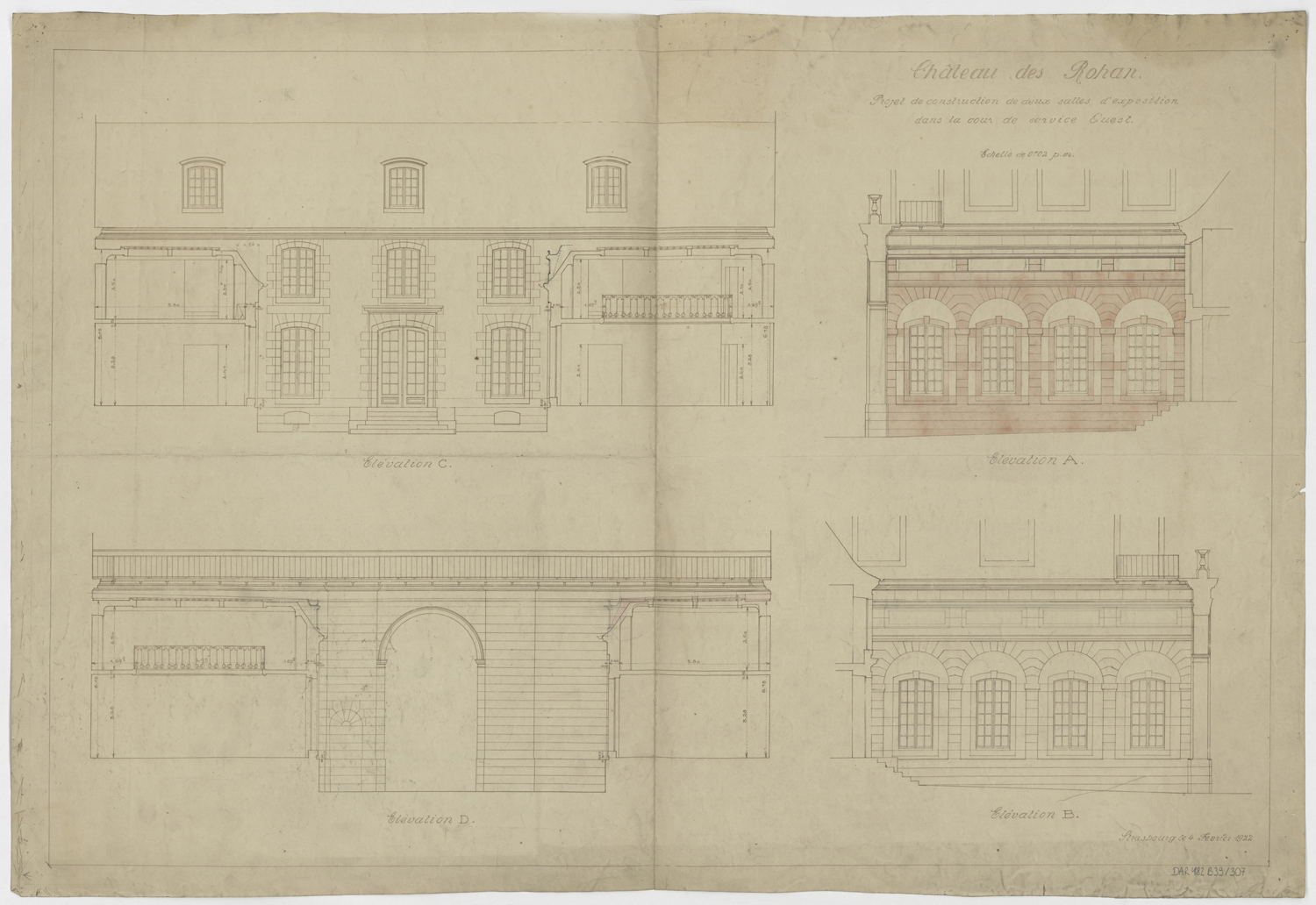 Projet de construction de deux salles d'exposition dans la cour ouest, élévation des façades est et ouest.