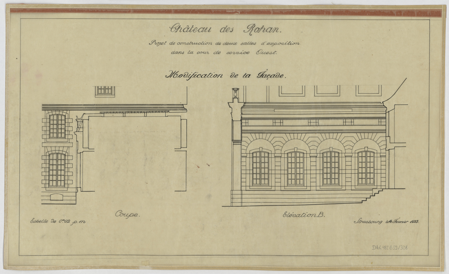 Projet de construction de deux salles d'exposition dans la cour de service ouest, élévation projetée et coupe de la façade sur cour.