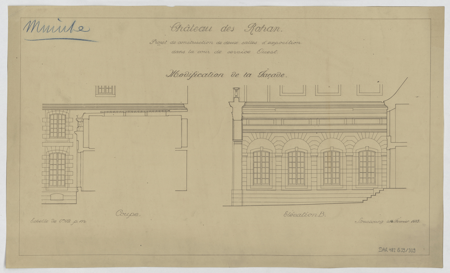 Projet de construction de deux salles d'exposition dans la cour de service ouest, élévation projetée et coupe de la façade sur cour.