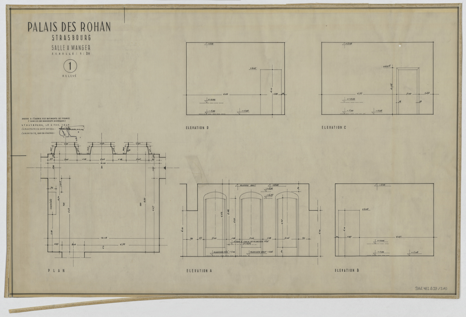 Salle à manger, plan de masse et élévations.