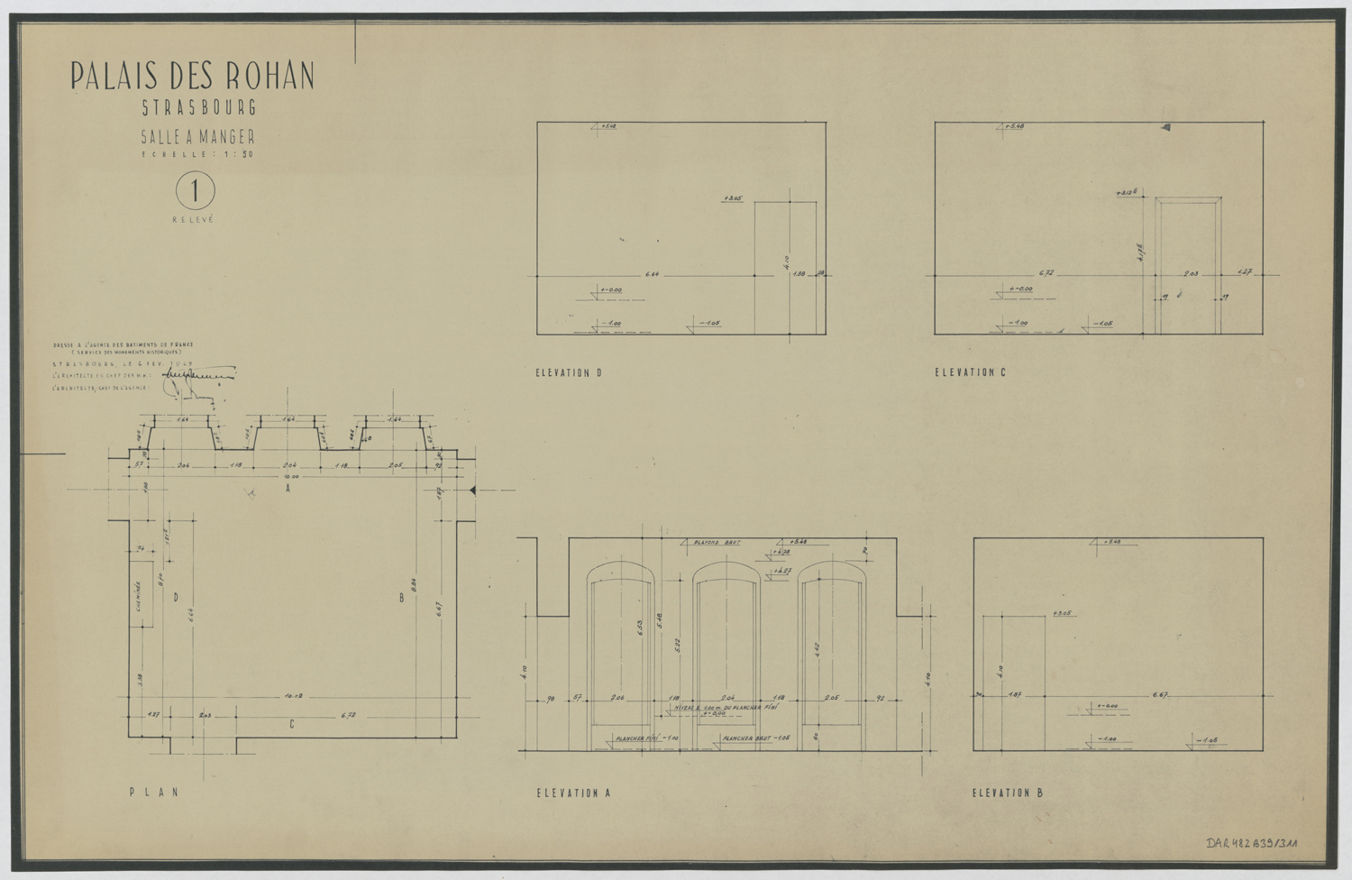 Salle à manger, plan de masse et élévations.