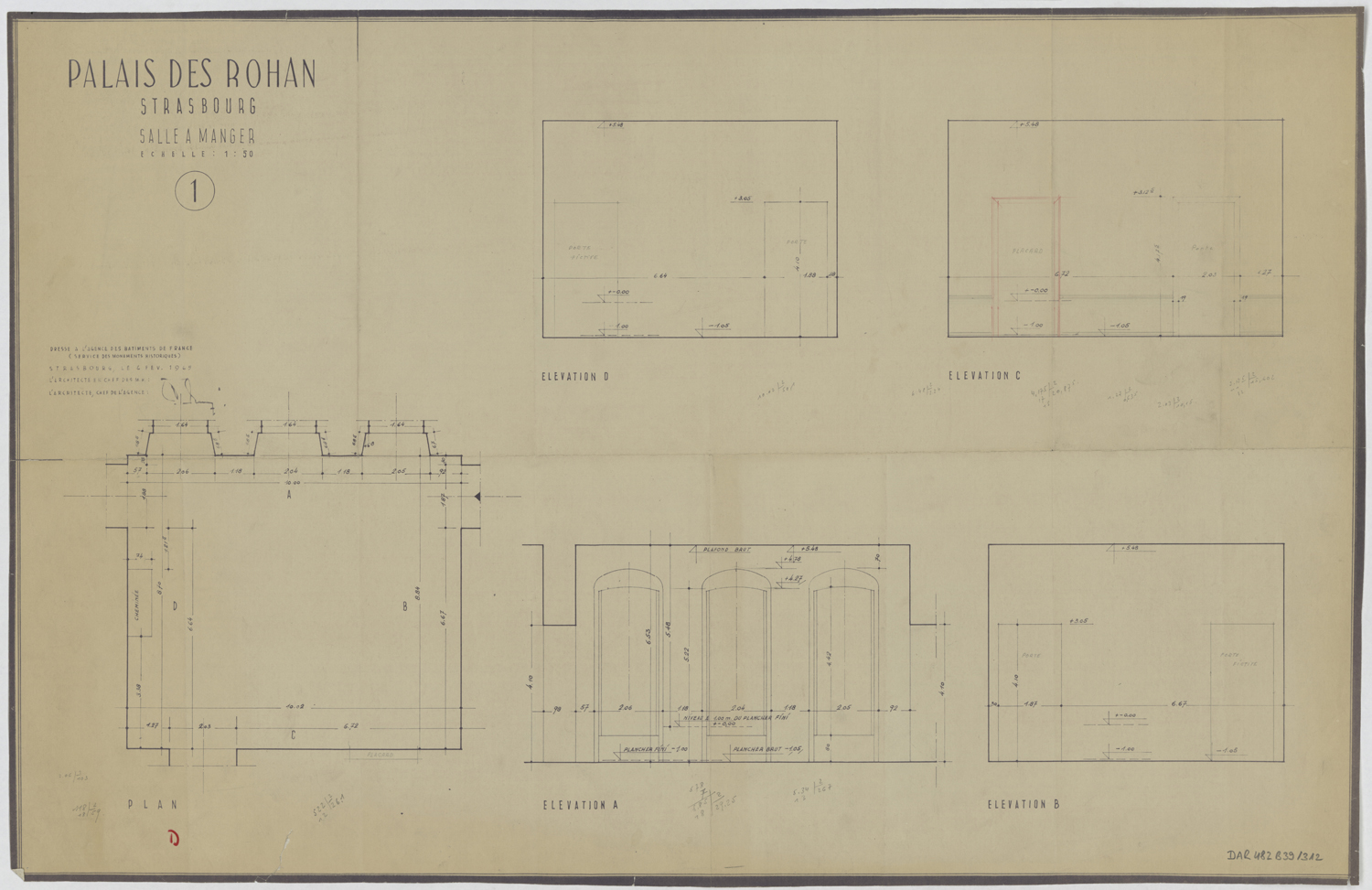 Salle à manger, plan de masse et élévations.