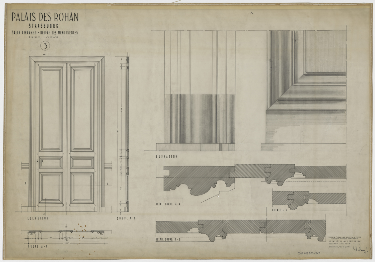 Salle à manger, élévations, coupes et détails de la porte.