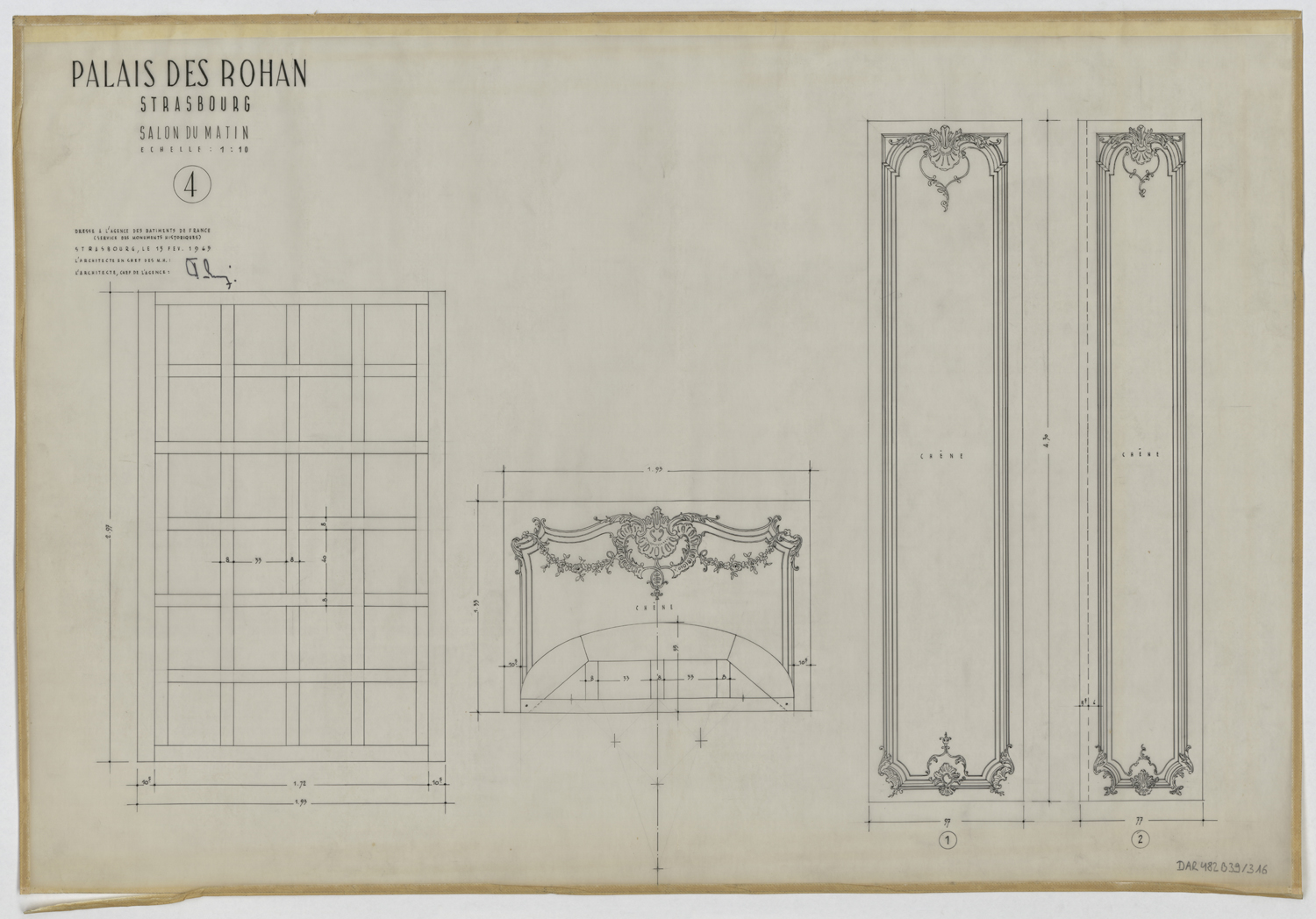 Salon du matin, plan, élévations des boiseries et de la cheminée du mur est.