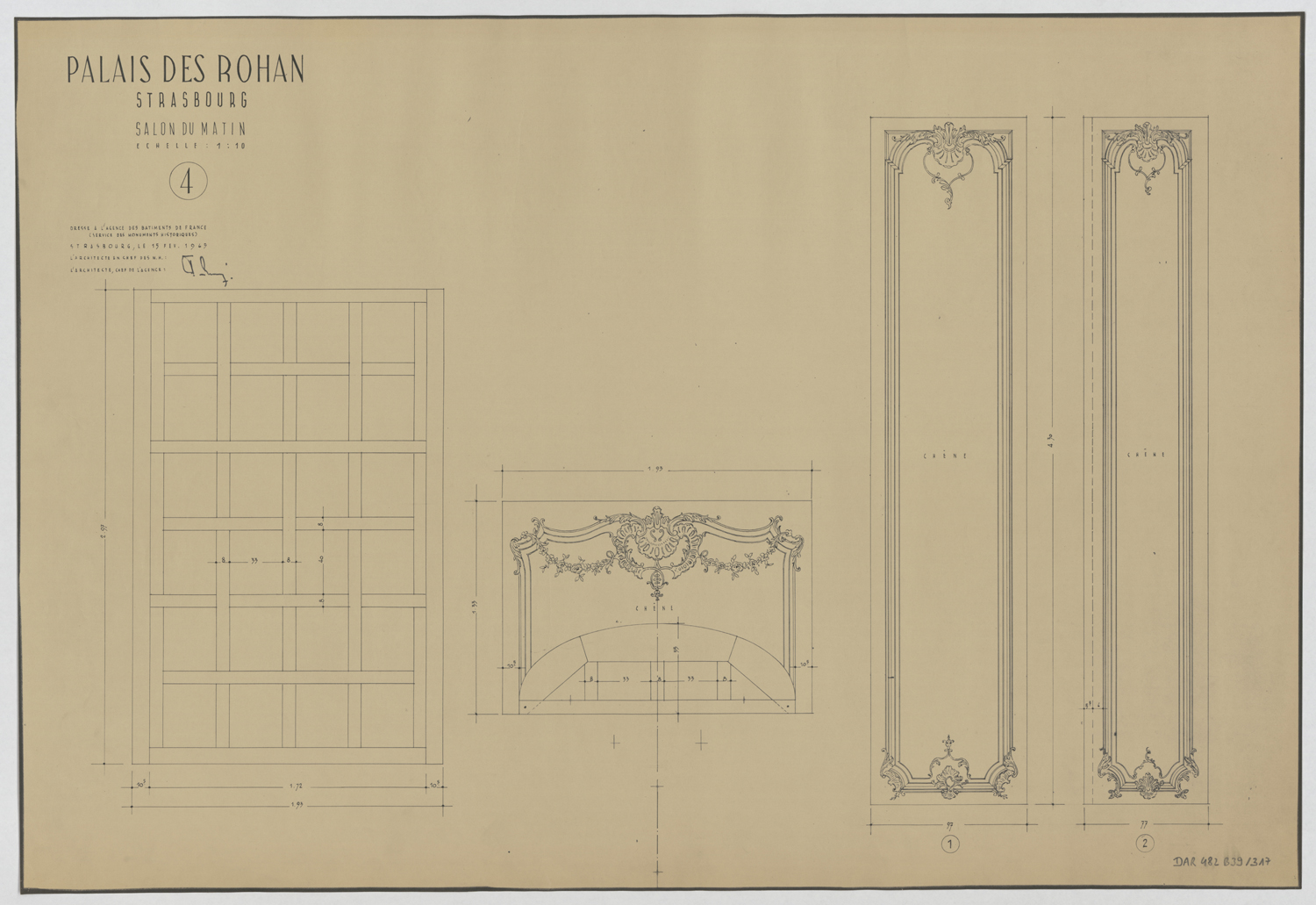 Salon du matin, plan, élévations des boiseries et de la cheminée du mur est.