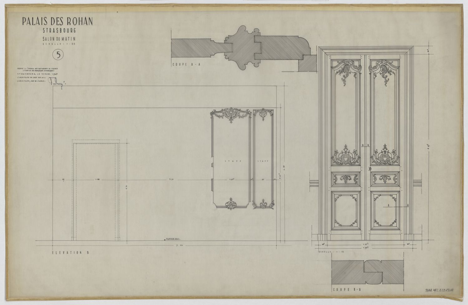 Salon du matin, élévations et détails des boiseries et de la porte du mur est.