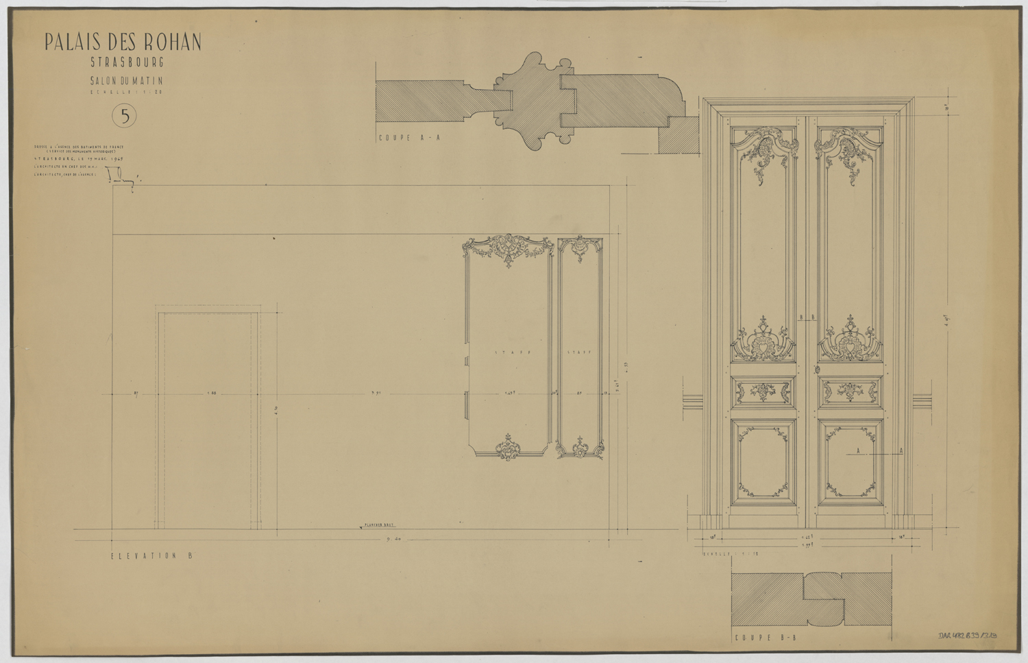 Salon du matin, élévations et détails des boiseries et de la porte du mur est.