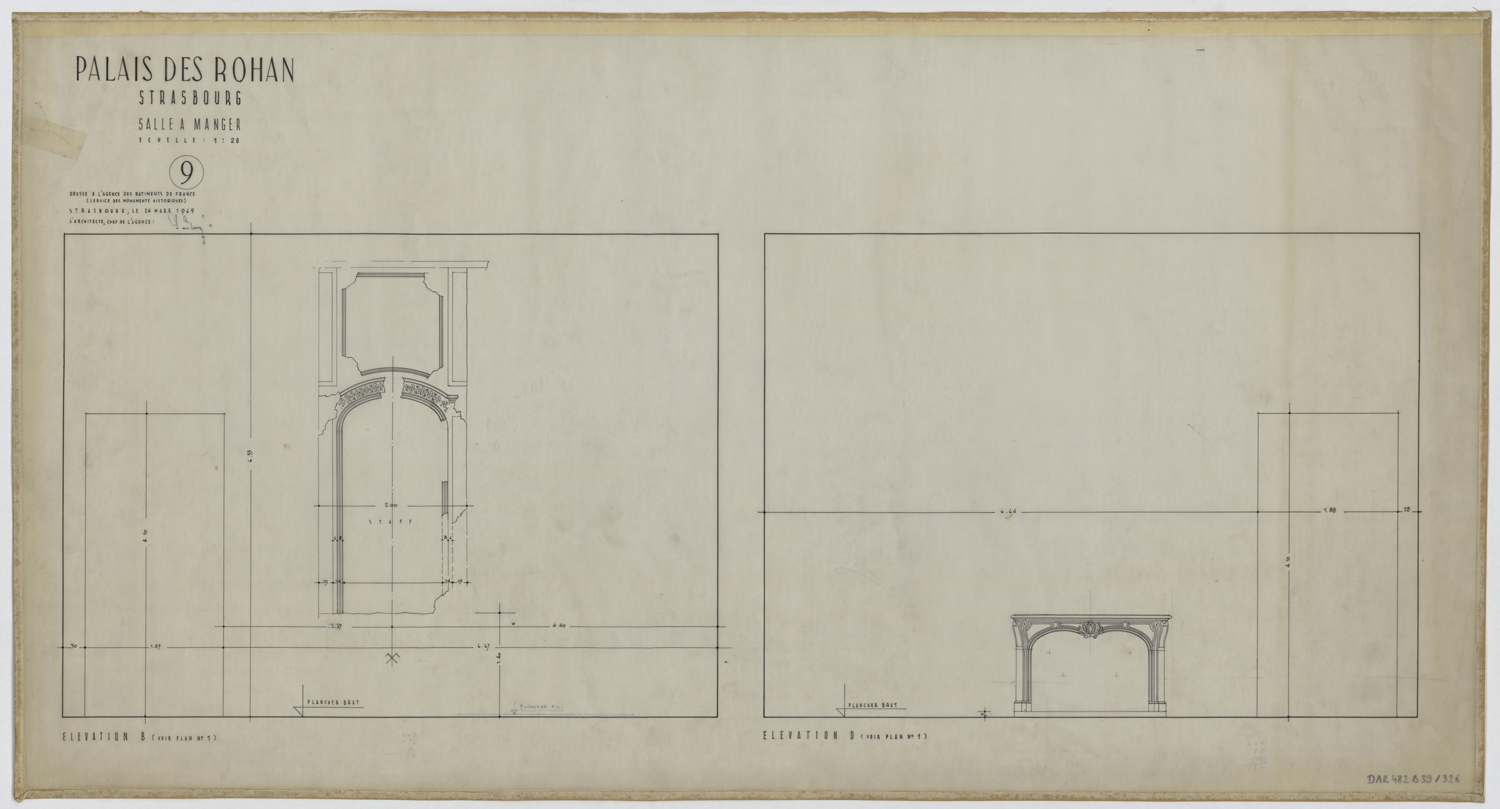 Salle à manger, élévations des boiseries et de la cheminée des murs est et ouest.