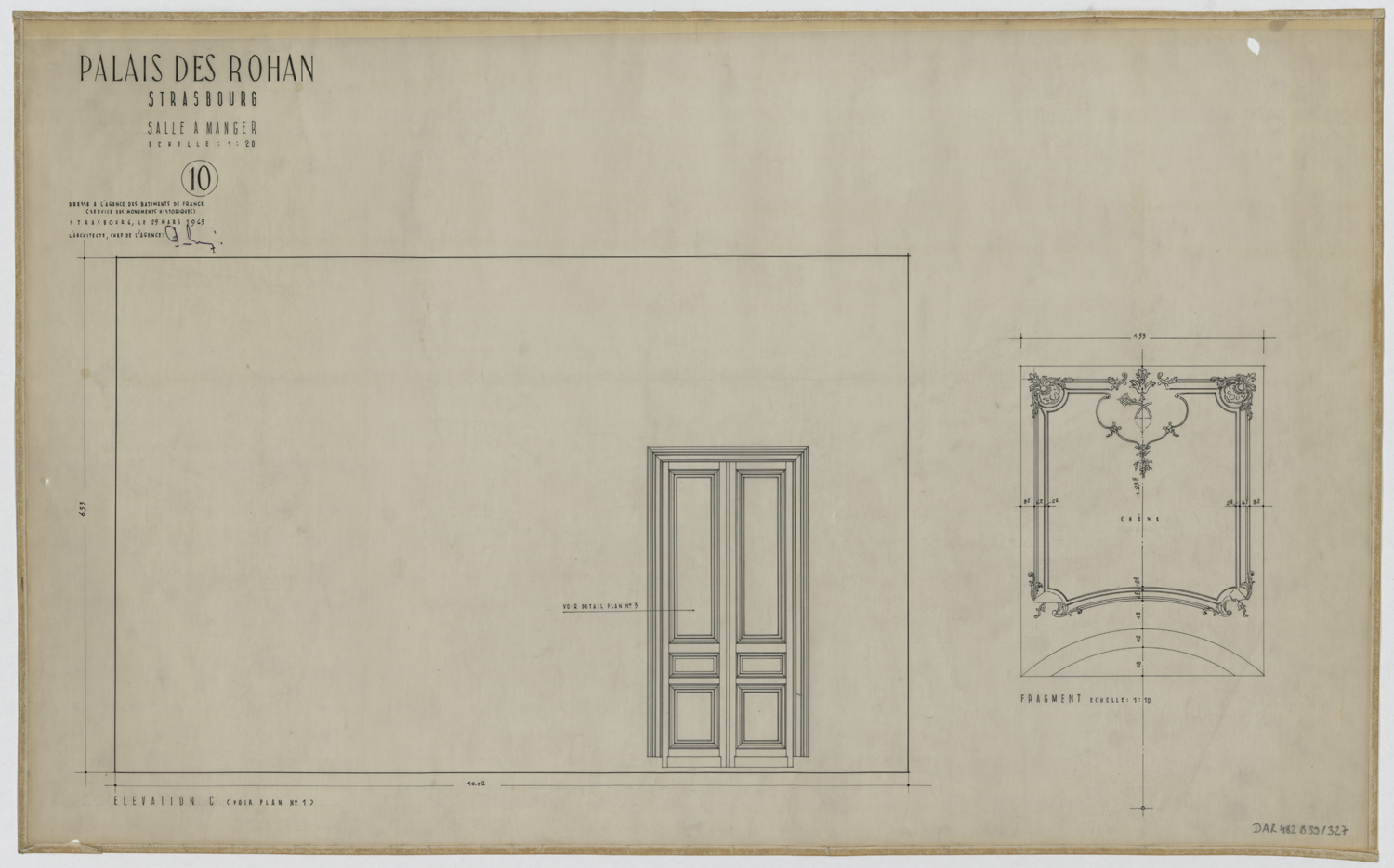 Salle à manger, élévations de la porte et d’une boiserie du mur sud.