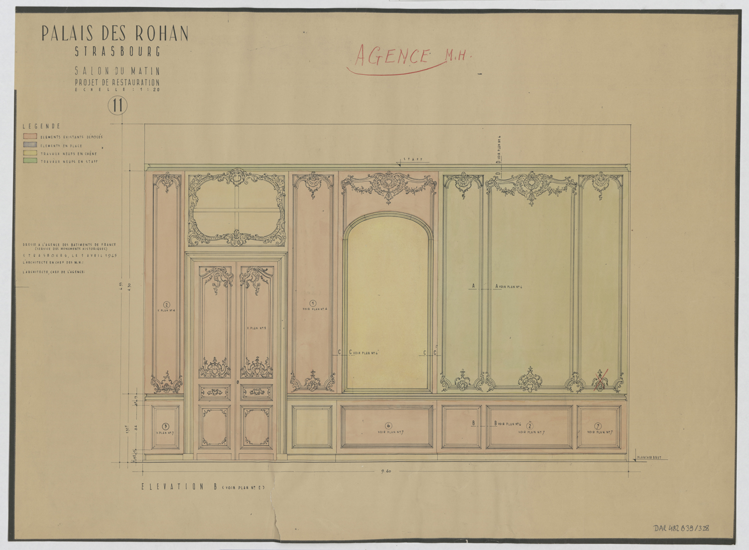 Projet de restauration du salon du matin, élévation des boiseries du mur est.