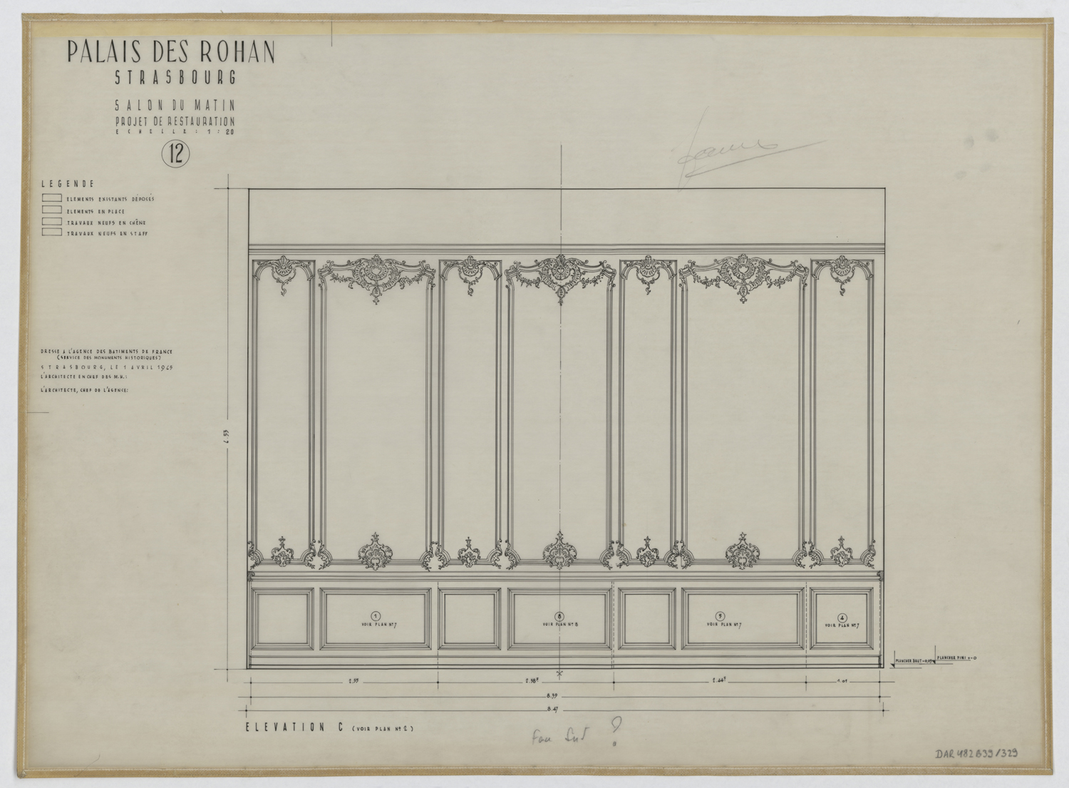 Projet de restauration du salon du matin, élévation des boiseries du mur sud.