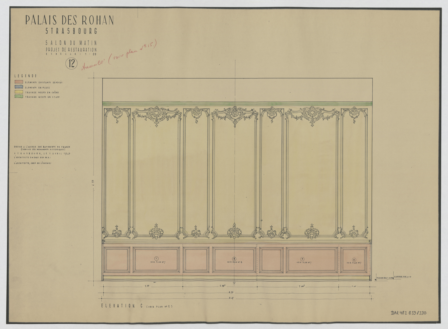 Projet de restauration du salon du matin, élévation des boiseries du mur sud.