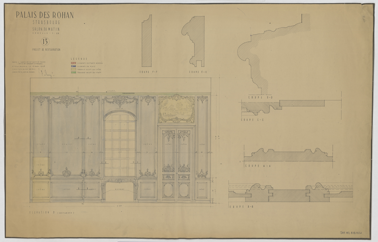 Projet de restauration du salon du matin, élévation, coupes et détails des boiseries du mur ouest.