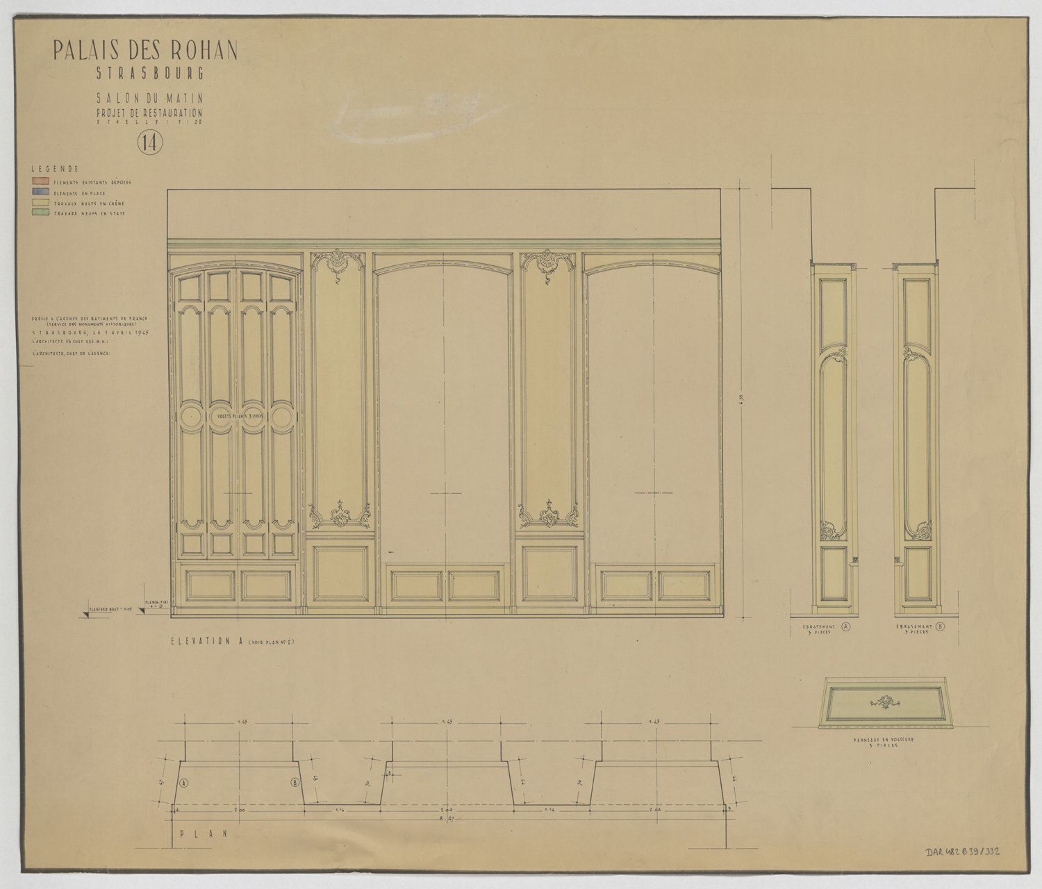 Projet de restauration du salon du matin, plan et élévations des boiseries du mur nord.