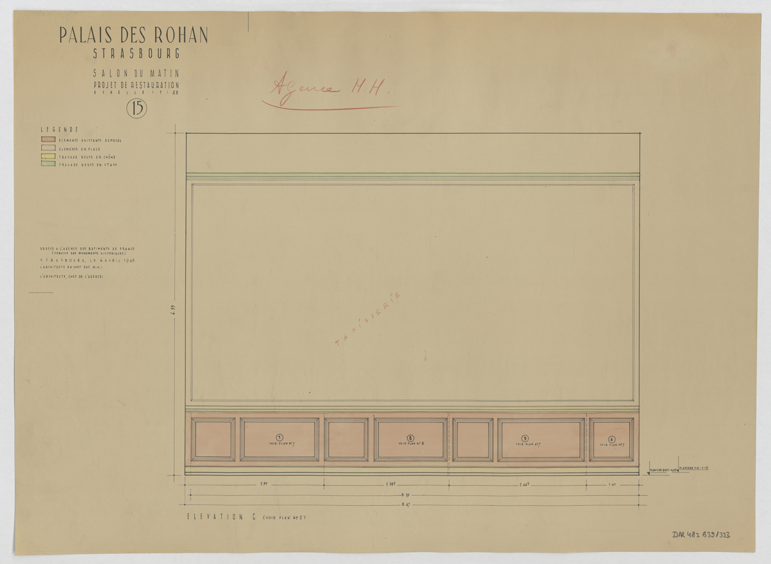 Projet de restauration du salon du matin, élévation des boiseries du mur sud.