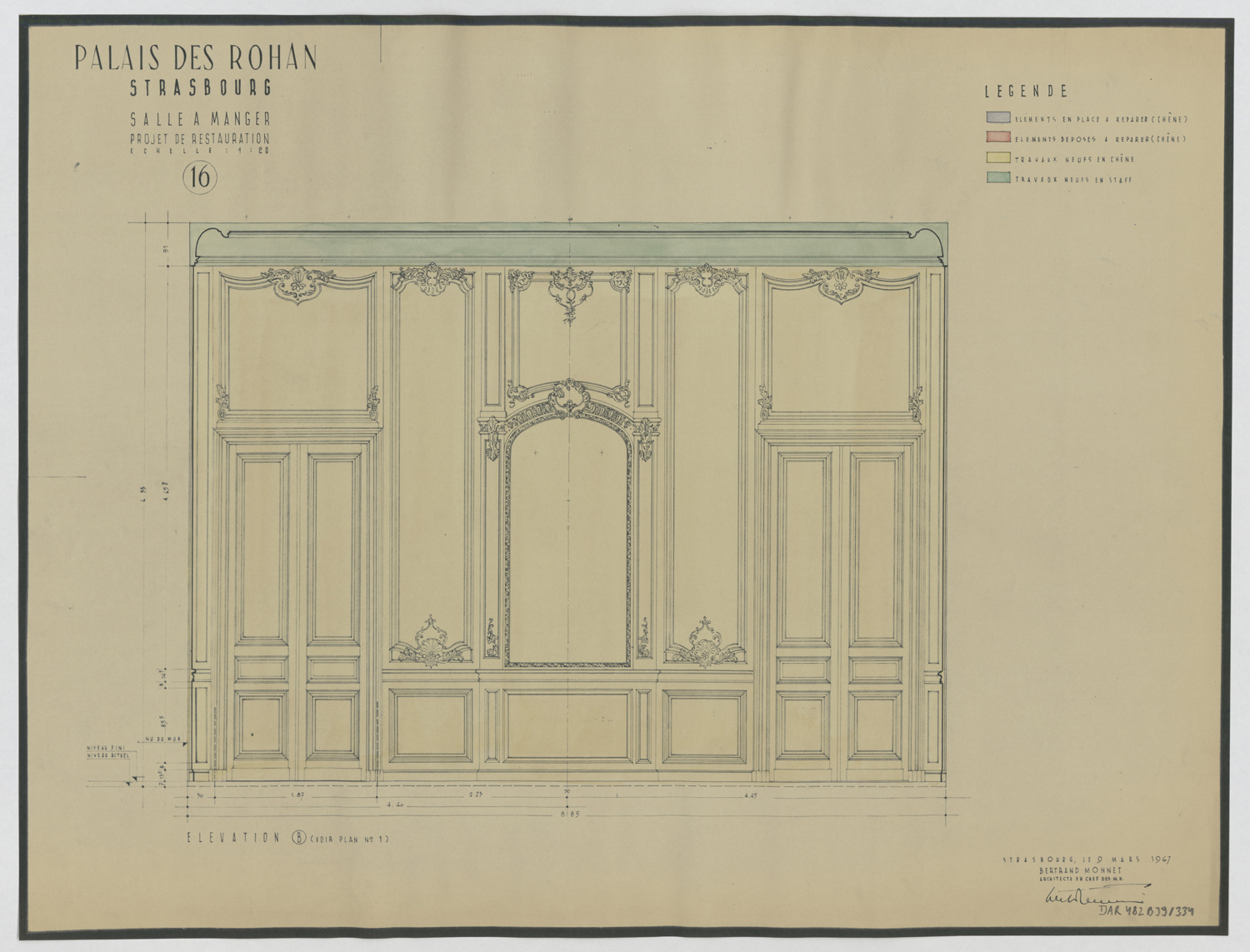 Projet de restauration de la salle à manger, élévation des boiseries du mur est.