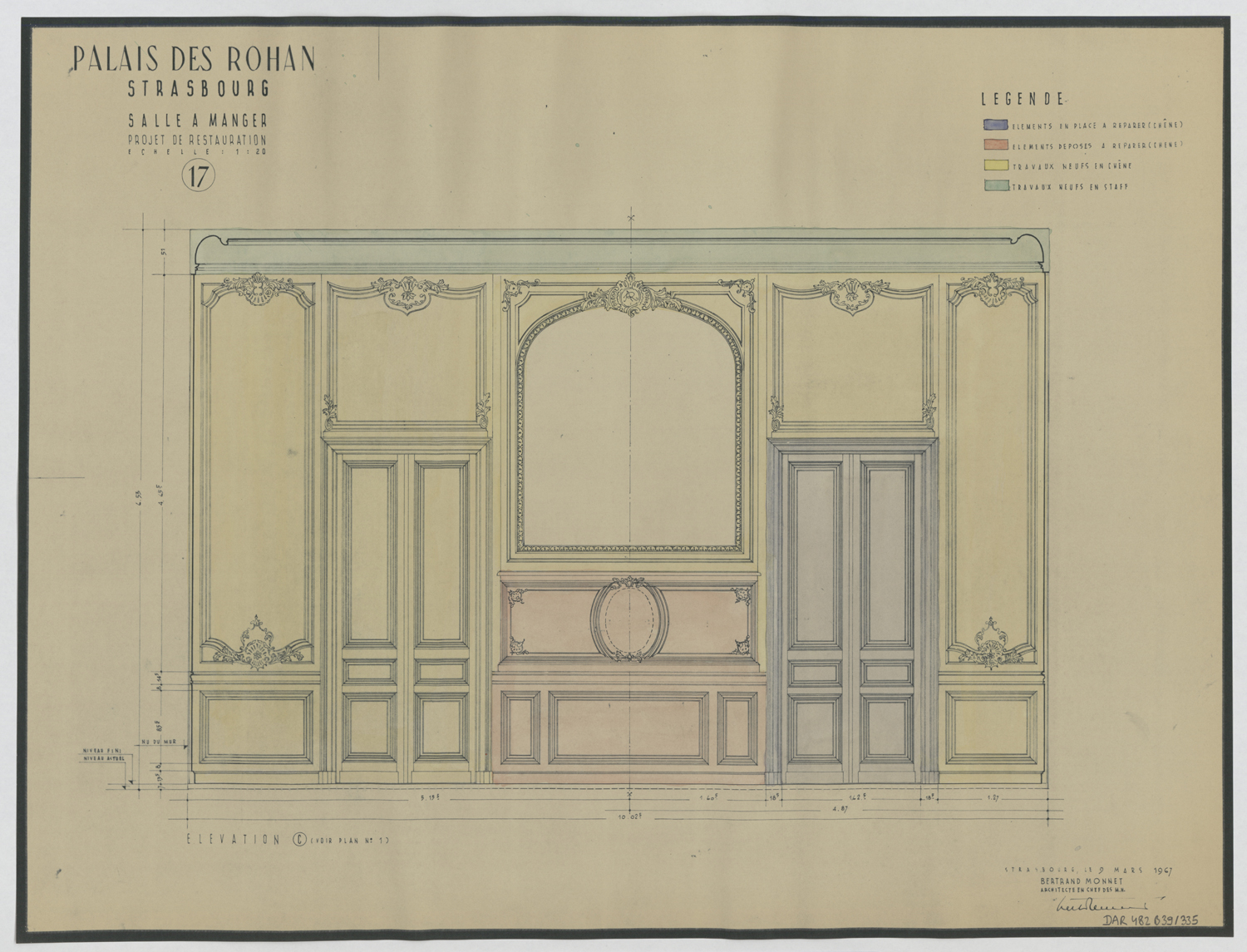 Projet de restauration de la salle à manger, élévation des boiseries du mur sud.