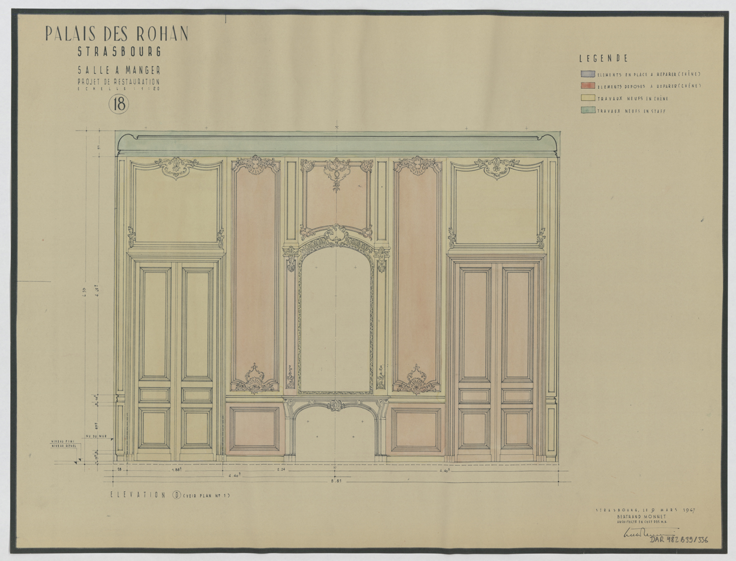 Projet de restauration de la salle à manger, élévation des boiseries du mur ouest.