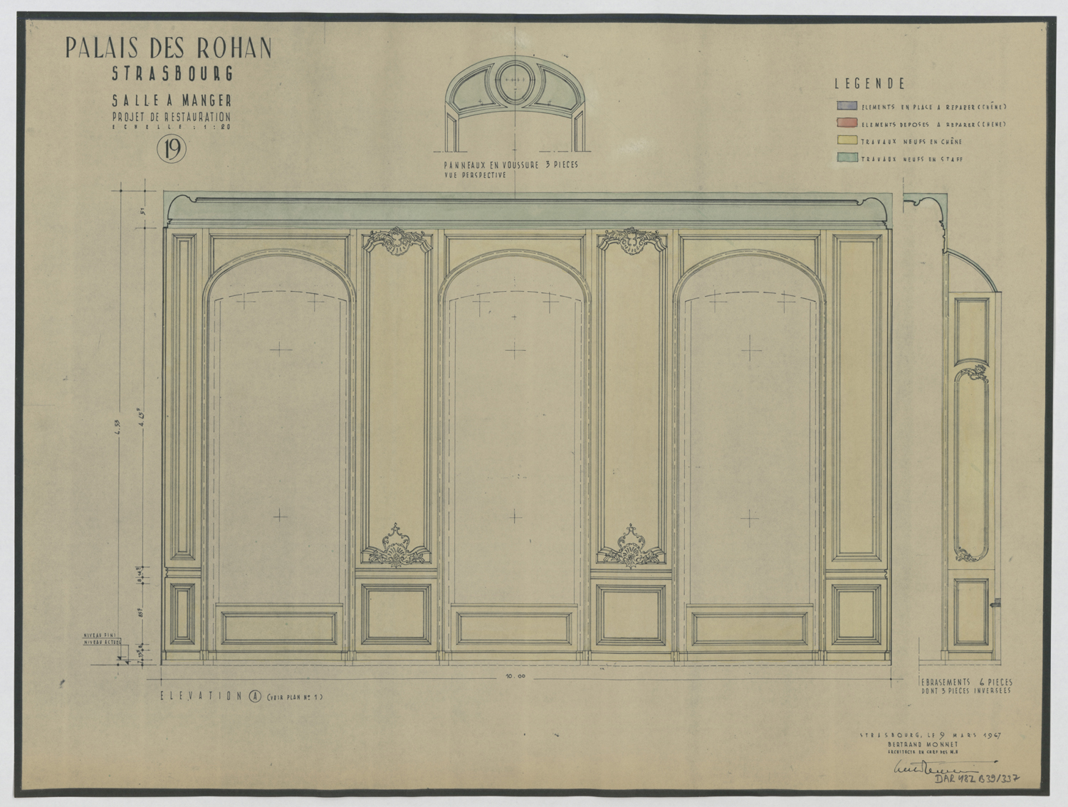 Projet de restauration de la salle à manger, élévation des boiseries du mur nord.