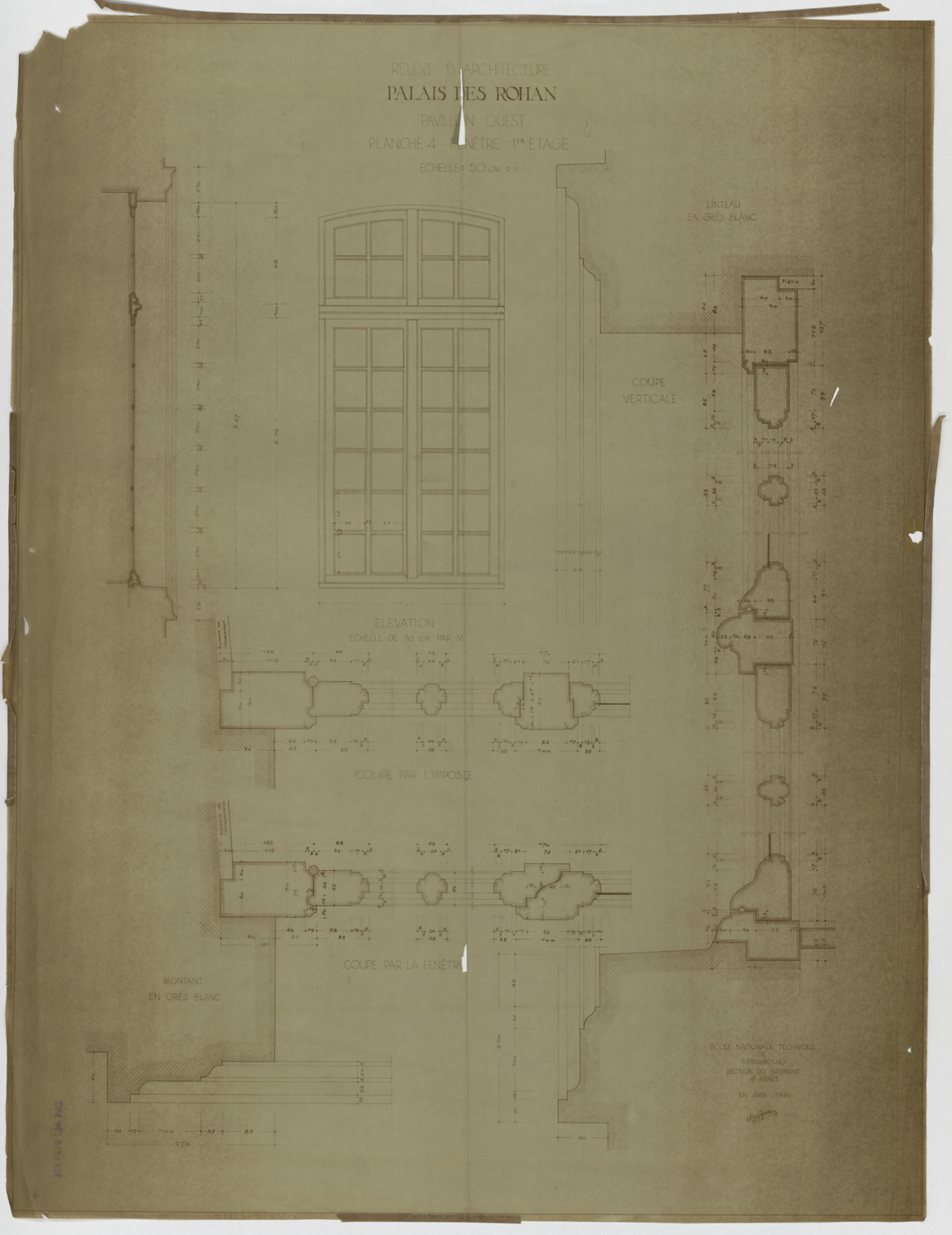 Pavillon ouest, élévation, coupes et détails des fenêtres du premier étage.