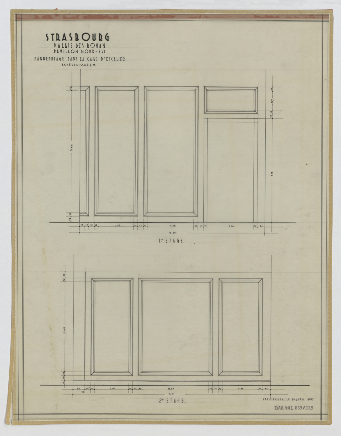 Pavillon nord-est, élévations du panneautage de la cage d’escalier aux premier et deuxième étages.