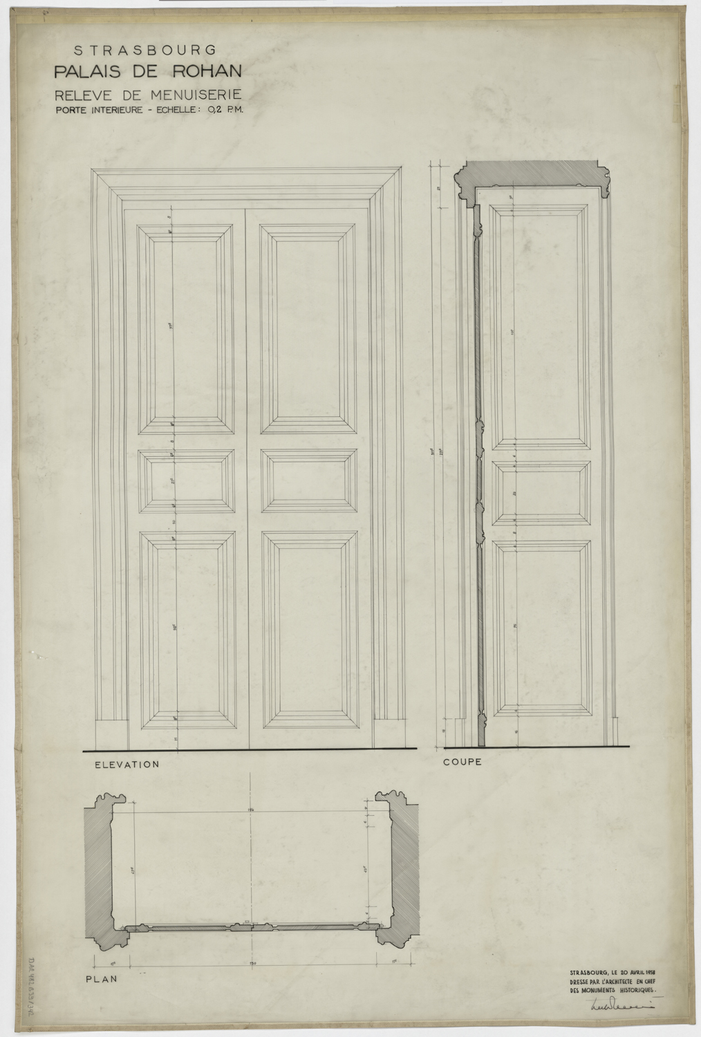 Porte intérieure, plan, élévation et coupe des menuiseries.