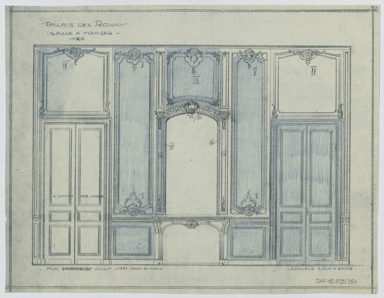 Salle à manger,élévation des boiseries du mur ouest.