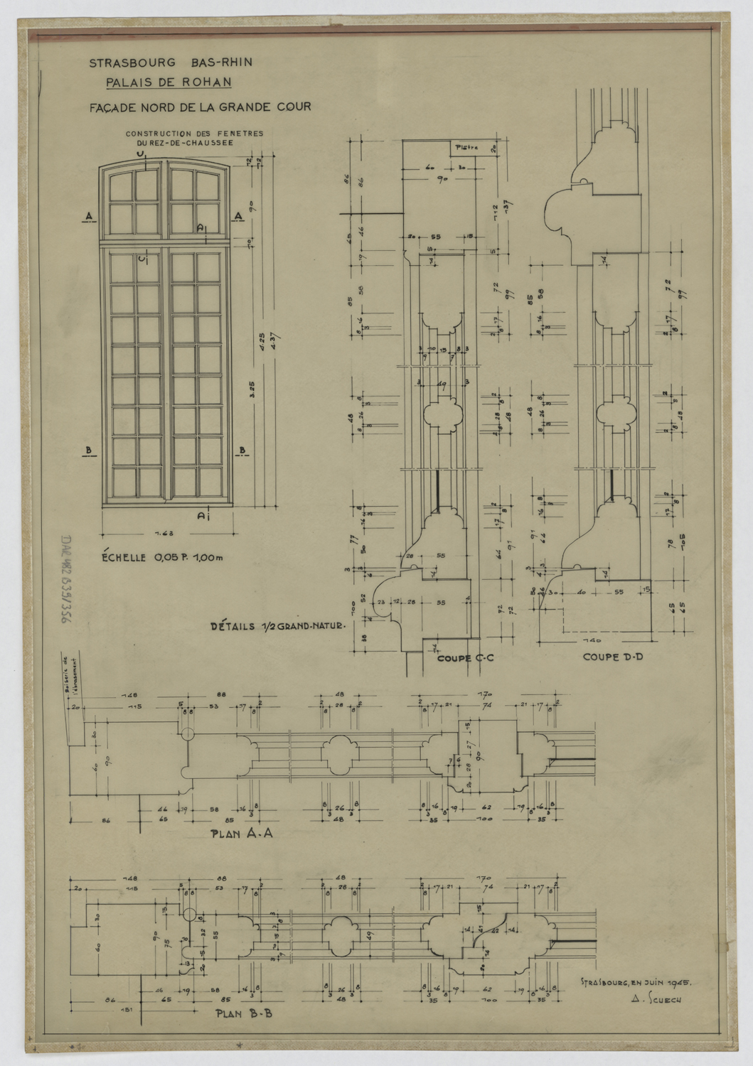 Construction des fenêtres du rez-de-chaussée de la façade nord, plans, élévation et coupes.