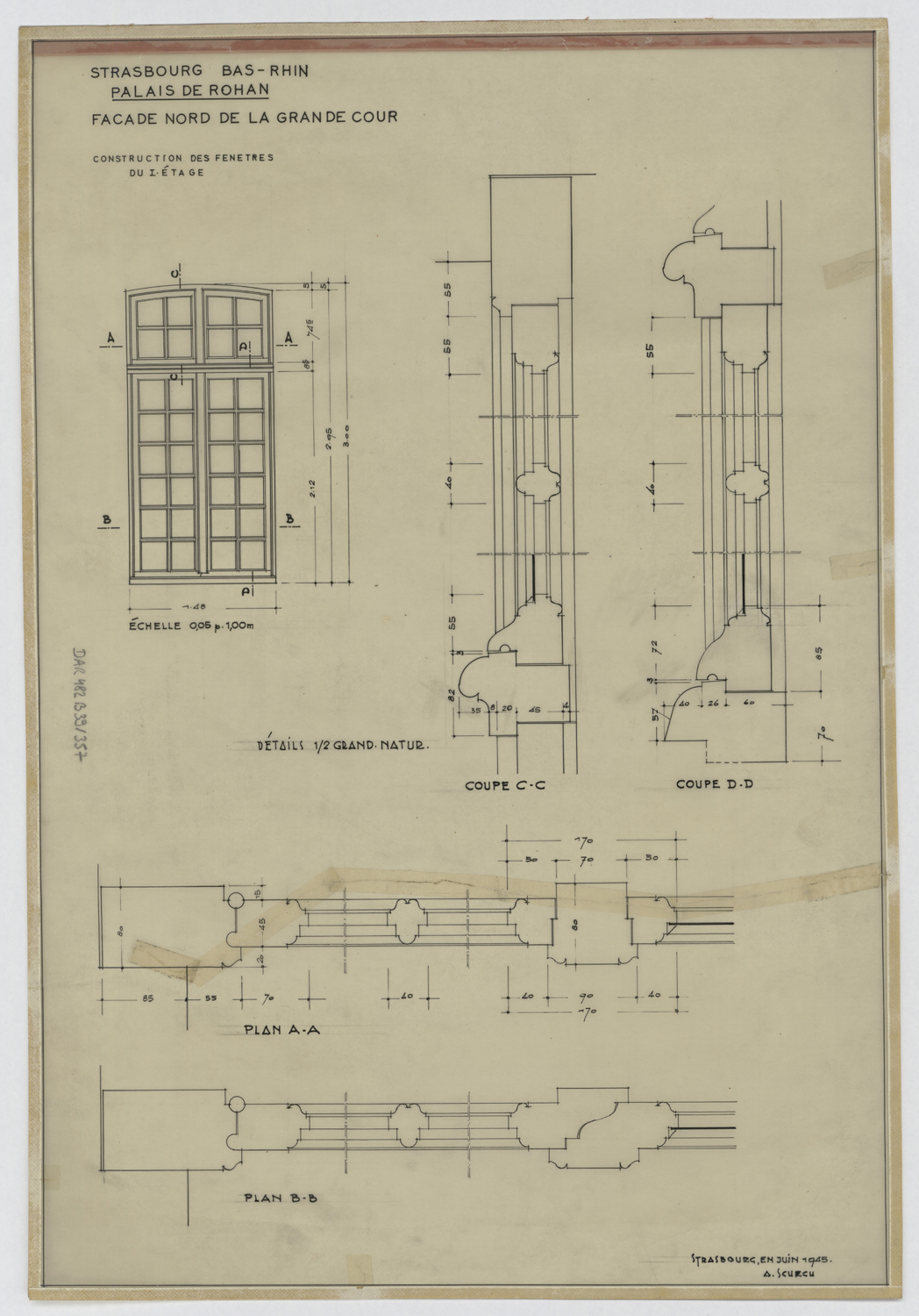 Construction des fenêtres du rez-de-chaussée de la façade nord, plans, élévation et coupes.