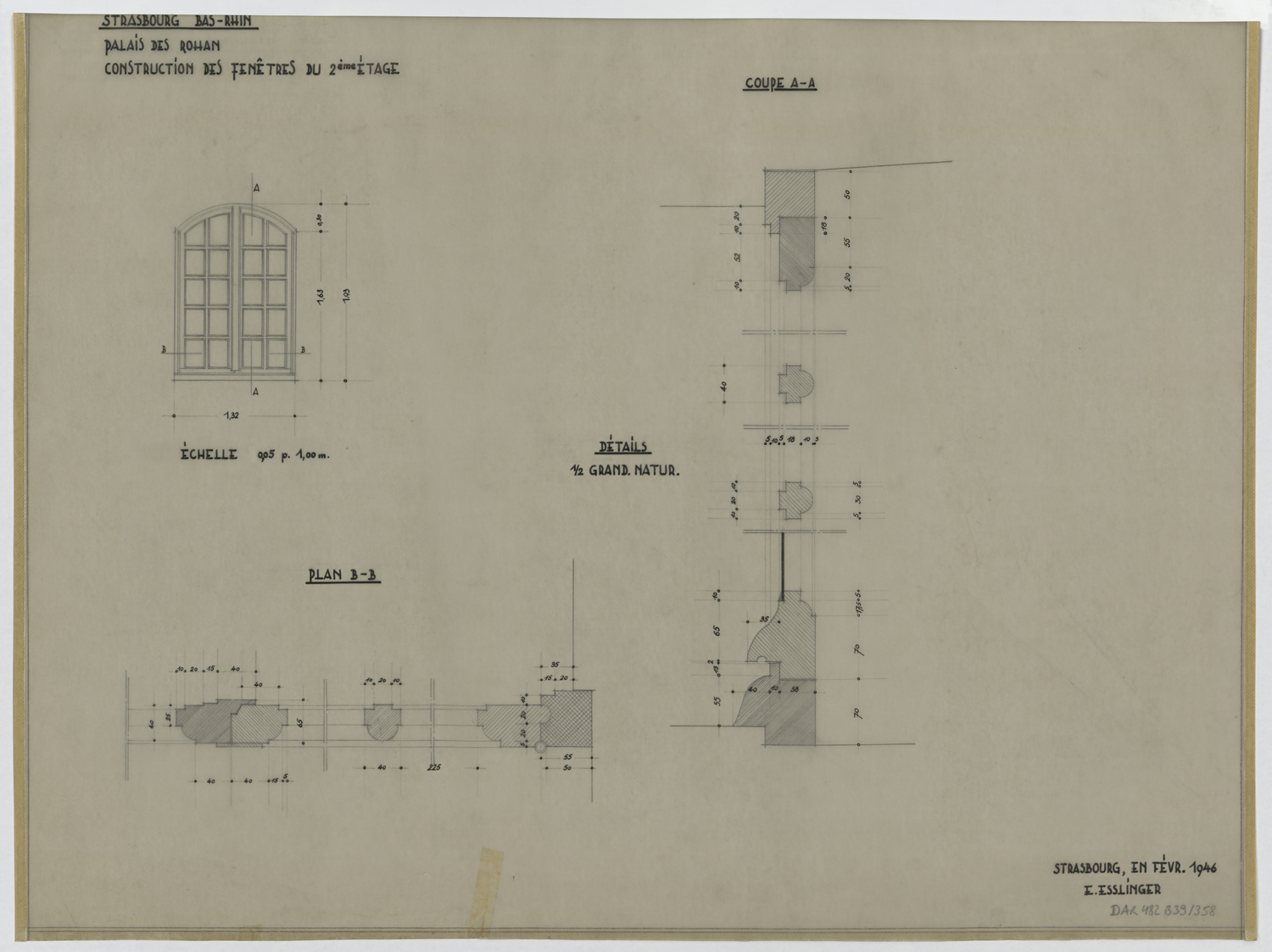 Construction des fenêtres du deuxième étage de la façade nord, plan, élévation et détails.