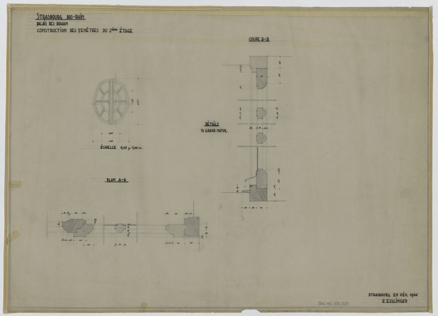 Construction des fenêtres du deuxième étage de la façade nord, plan, élévation et détail.