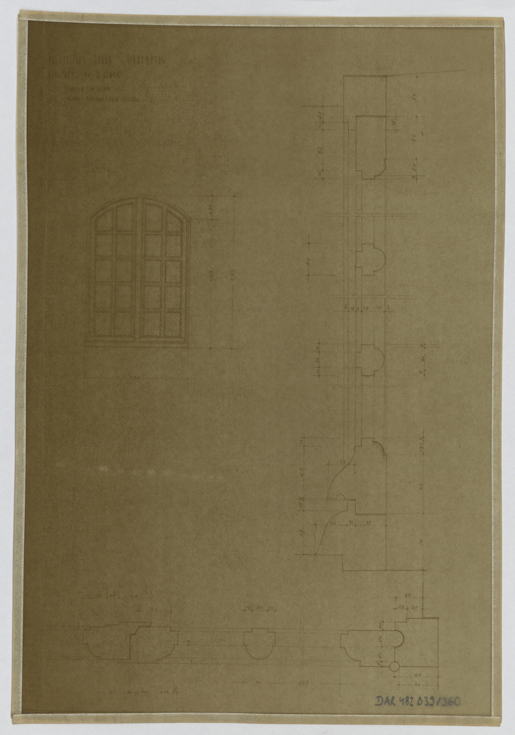 Fenêtre du deuxième étage, plan, élévation et coupe.