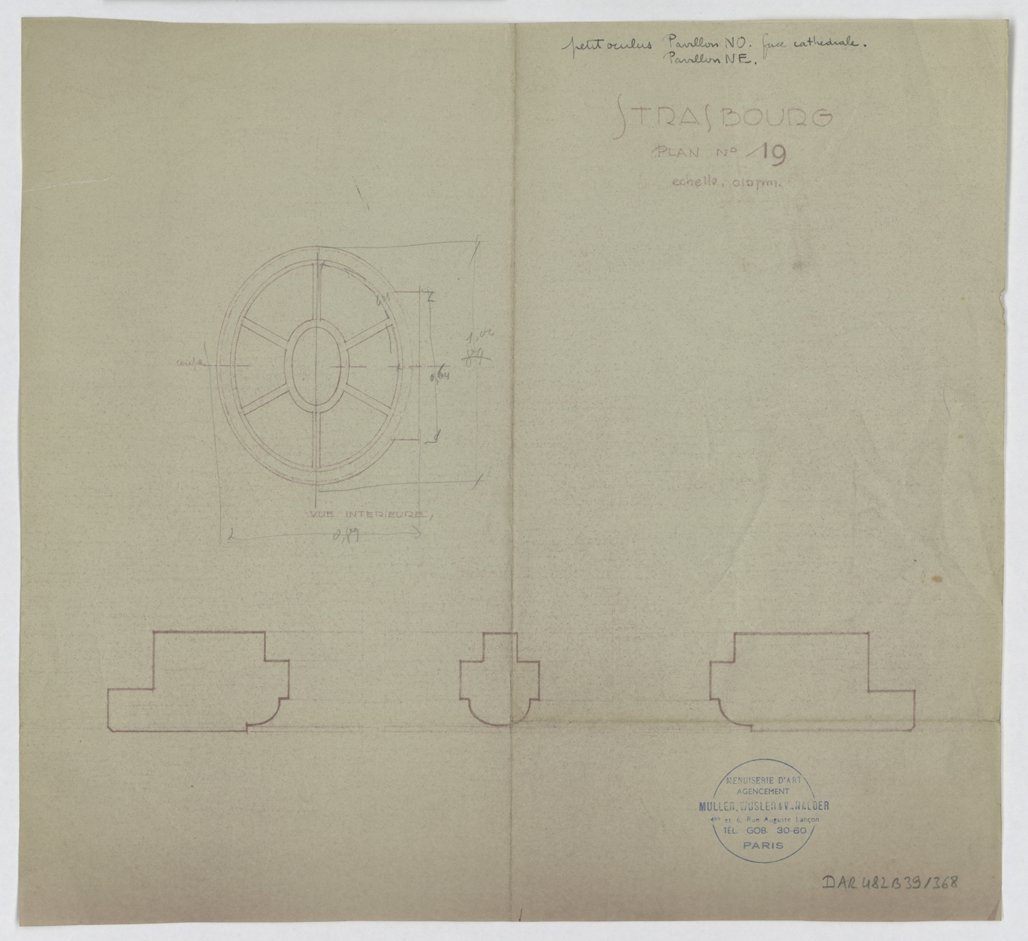 Pavillons nord-ouest et nord-est, plan et élévation de l’oculus.