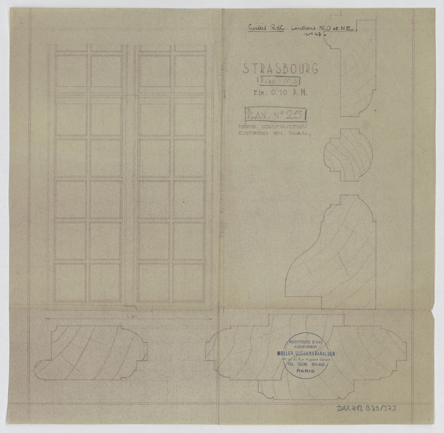 Pavillons nord-ouest et nord-est, élévation et coupes des fenêtres du rez-de-chaussée.