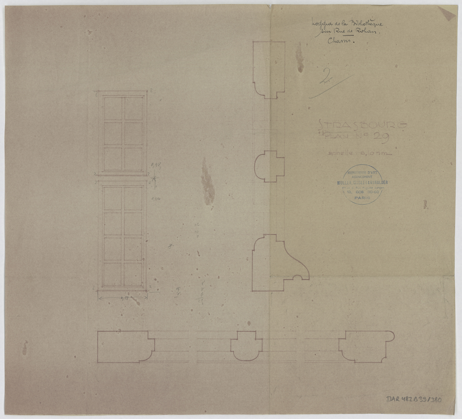 Bibliothèque des cardinaux, élévation et coupe des fenêtres de la loggia.