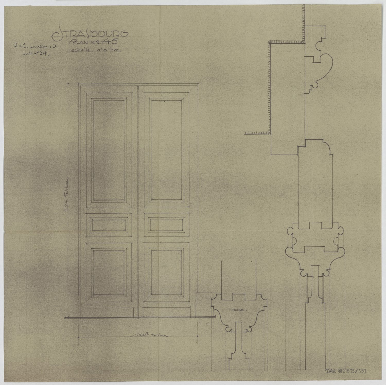 Pavillon sud-est, élévation et coupes des portes du rez-de-chaussée.