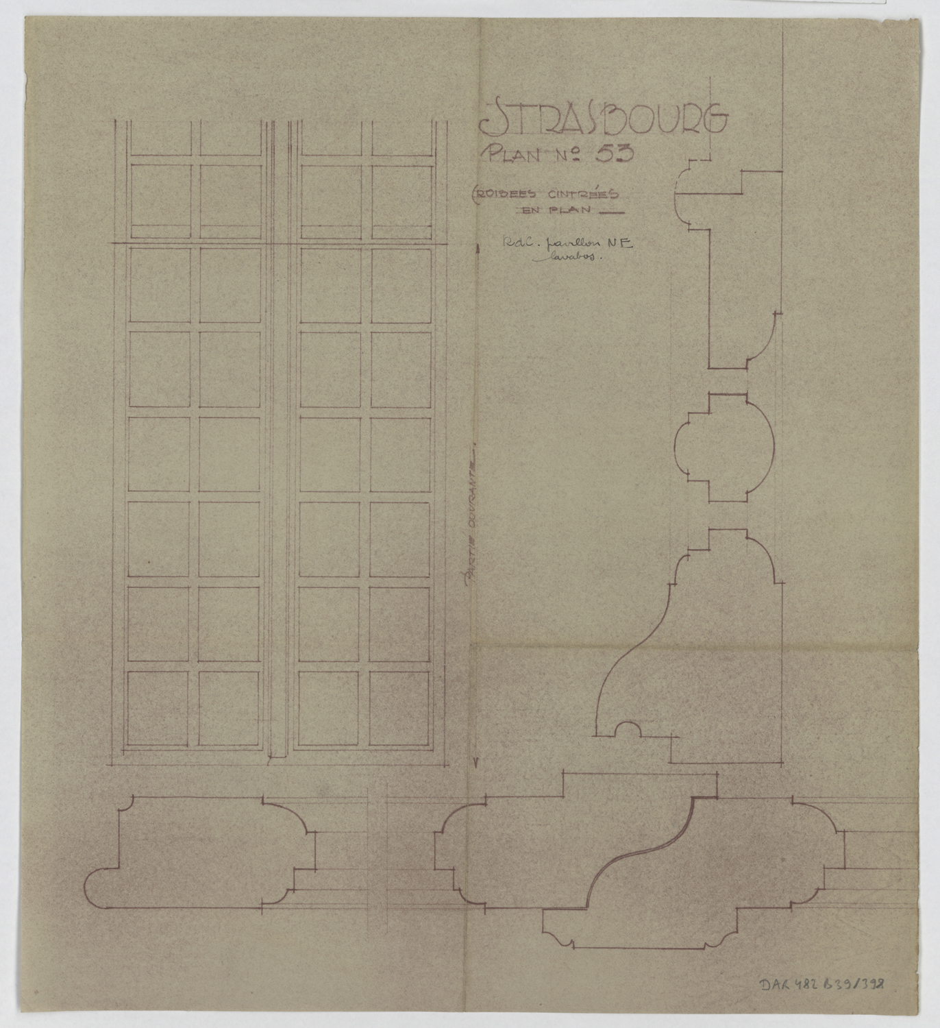 Pavillon nord-est, élévation et coupes des portes du rez-de-chaussée.