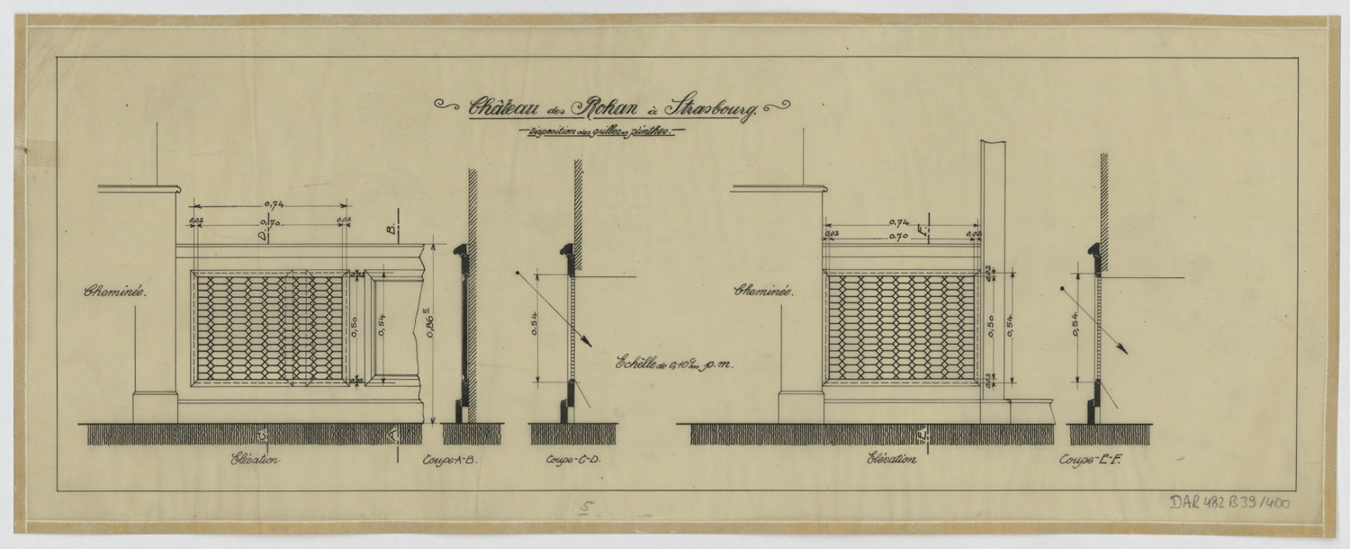 Disposition des grilles en plinthes, élévations et coupes.