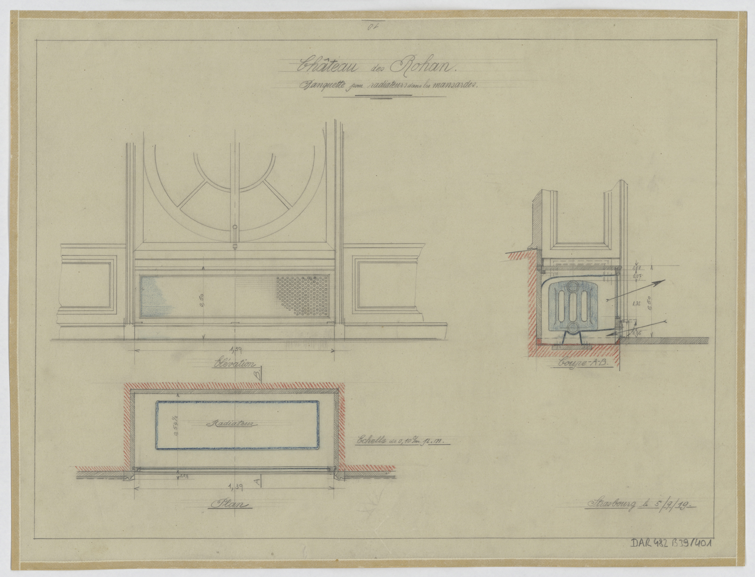 Mansardes, plan, élévation et coupe des banquettes pour radiateurs.