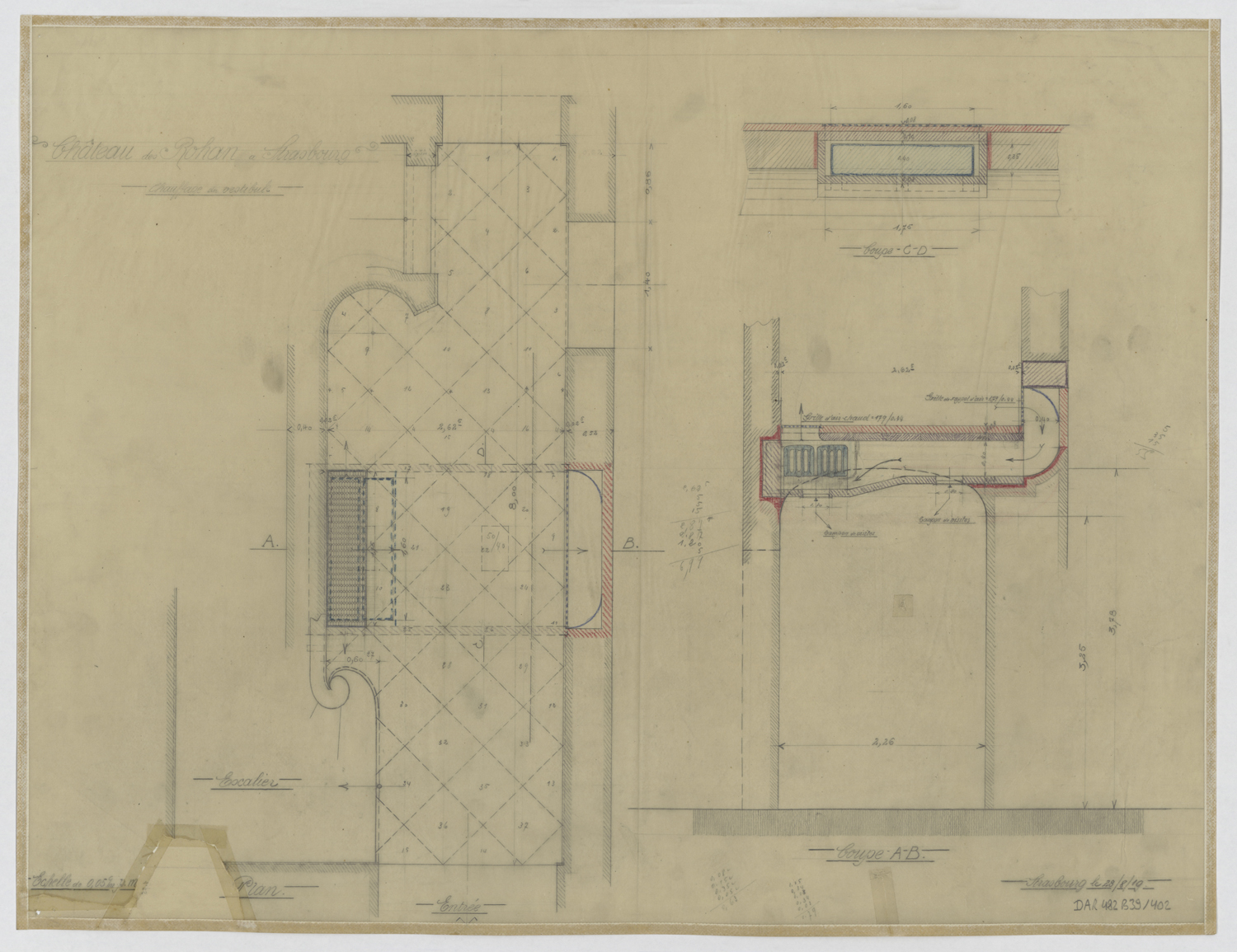 Vestibule, plan, élévation et coupe du chauffage.