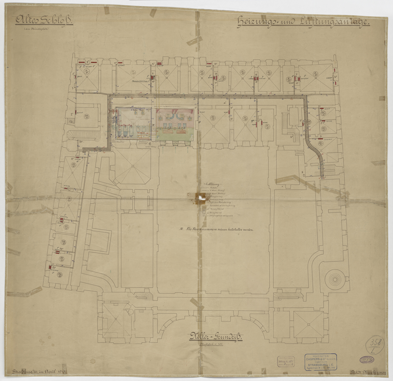 Réseaux de chauffage et d’aération, plan de masse du sous-sol.