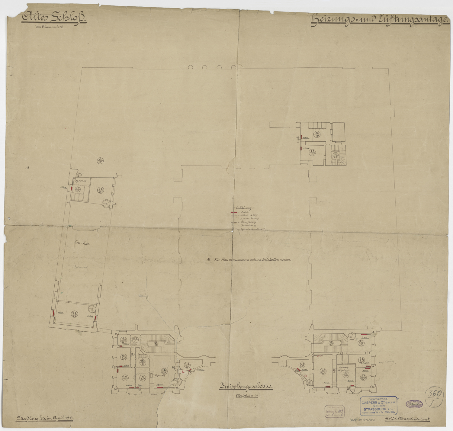 Réseaux de chauffage et d’aération, plan de masse de l’entresol.