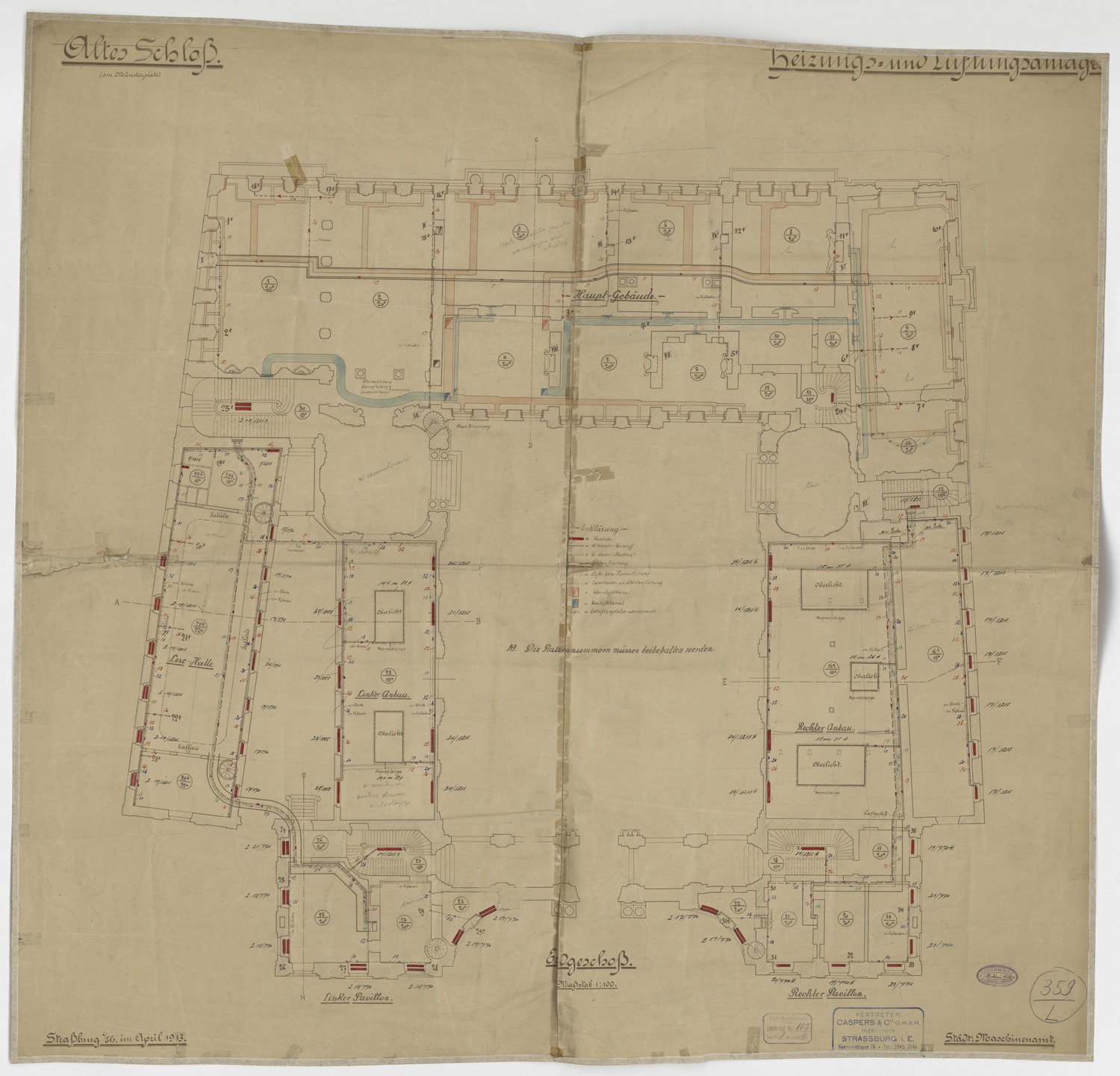 Réseaux de chauffage et d’aération, plan de masse du rez-de-chaussée.