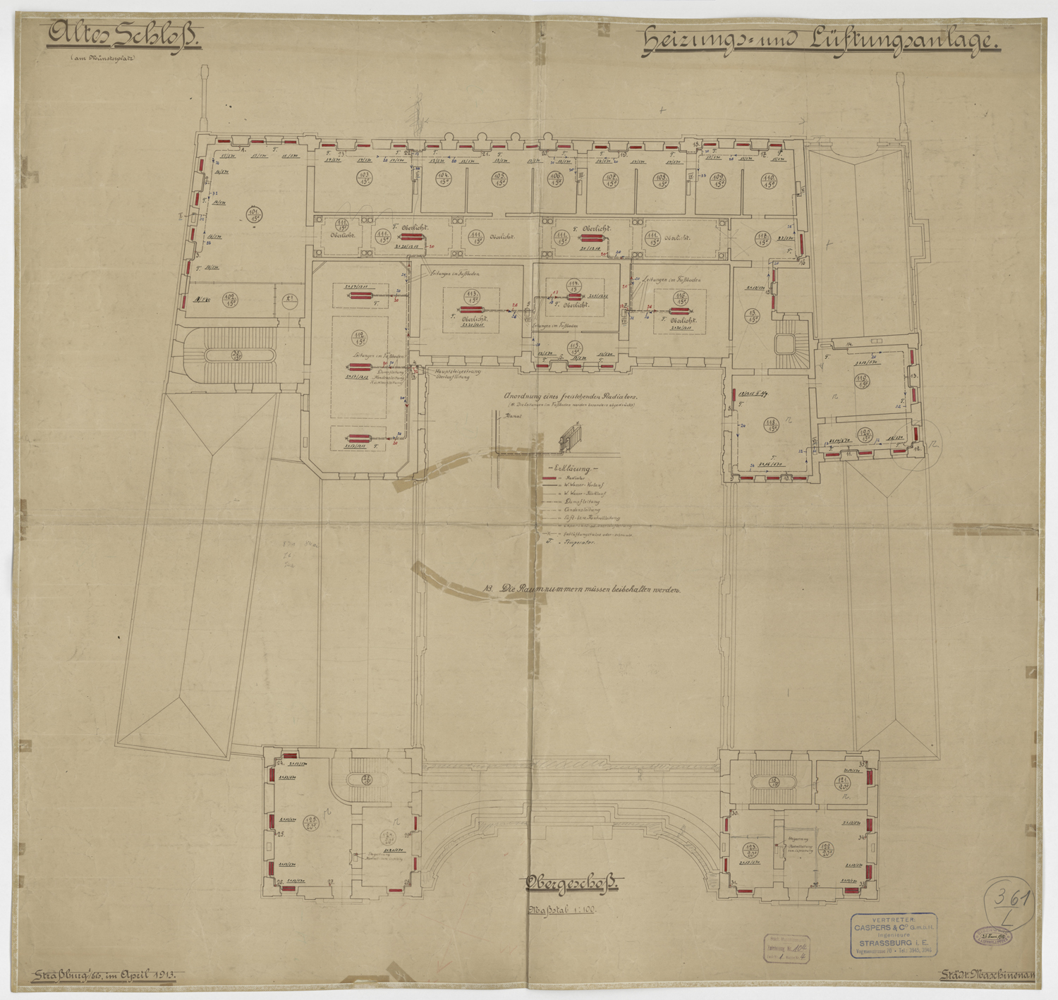 Réseaux de chauffage et d’aération, plan de masse du premier étage.