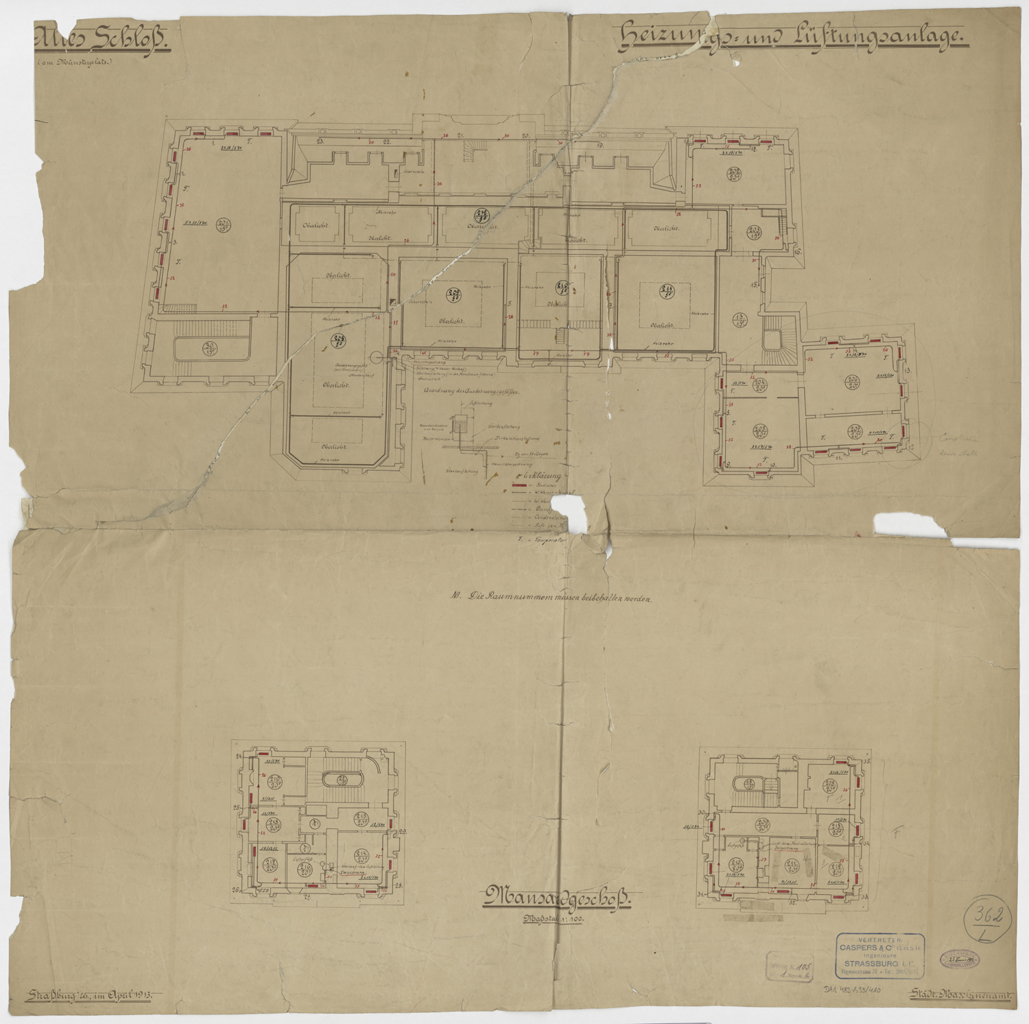 Réseaux de chauffage et d’aération, plan de masse des mansardes.